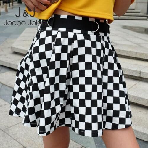 Jocoo Jolee Pleated Mini Skirt Women High Waist Korean Harajuku Plaid Skirts Female High Street Short A-line Skirt with Belt