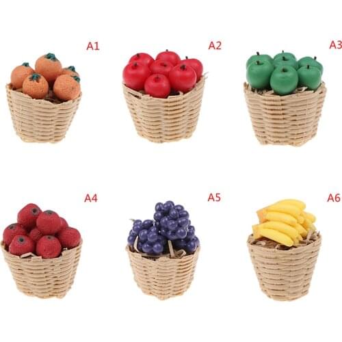 1/12 Dollhouse Miniature Accessories Mini Resin Fruits Basket Simulation Orange Apple Grape Model Toys For Doll House Decoration