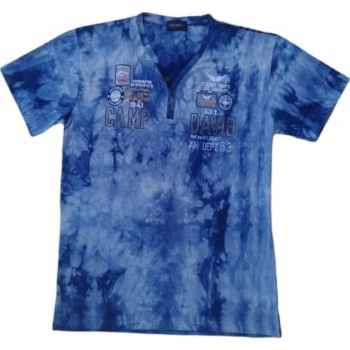 ETV-CDB Male Large Size Blue Button V Collar Short Sleeve Tie Dye Pattern Cotton T-Shirt