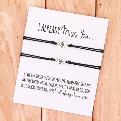 Set of Two Compass Charm Friendship Bracelets "I Miss You" Card Silver Color Compass Charm Bracelet Best Friend Gift Jewelry