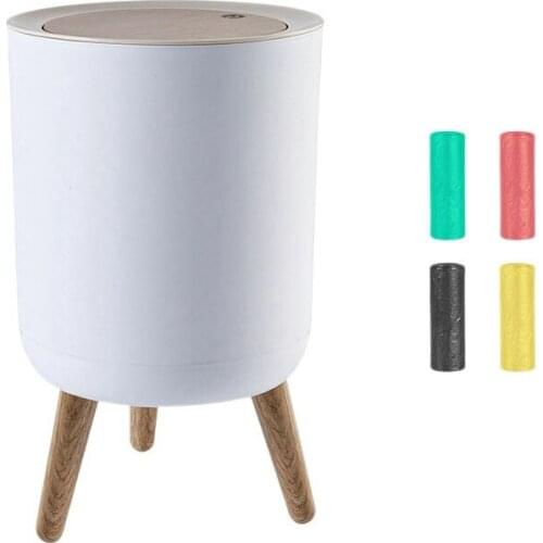 New Household with Lid Press Trash Can Living Room Bathroom Kitchen High-Foot Wood Grain Trash Can with Trash Bags