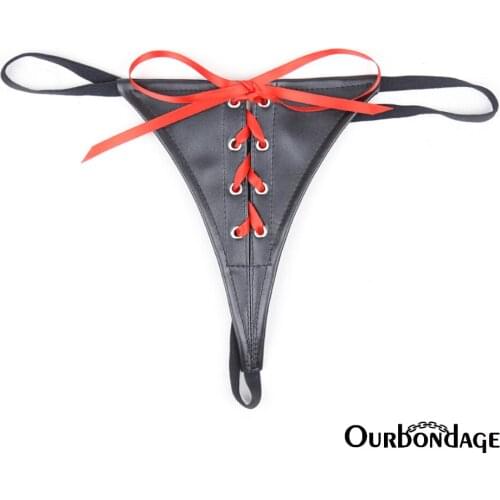 Ourbondage PU Leather Female Simple Chastity With Front Red Lace String T-Back BDSM Bondage Sex Toys For Women Lesbian