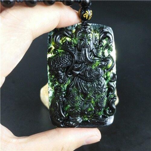 Certified Chinese Natural Black Green Jade Warrior Pendant Necklace Charm Jewelry Obsidian Accessories Carved Amulet Gifts