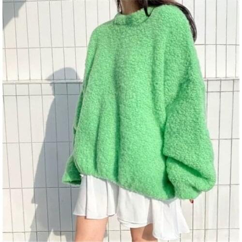 Winter Oversized Sweet Sweater for Women Ladies Korean Style Loose O-neck Jumper Top Solid Fleece Lantern Sleeve Thicken Blouse