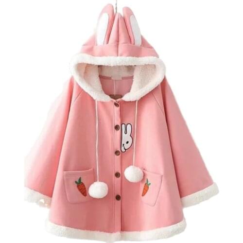 Cartoon Embroidery Hooded Jacket Women 2021 Winter Long Sleeve Single Breasted Thick Coat With Ears On Hood For Teenage Girls