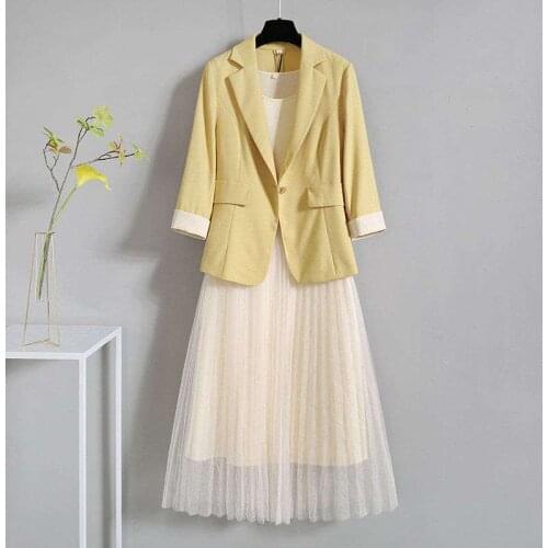2021 Womens Suit Autumn New Yellow Suit + Pleated Mesh Skirt Suit Fashion Two Piece Temperament Womens Suit Skirt