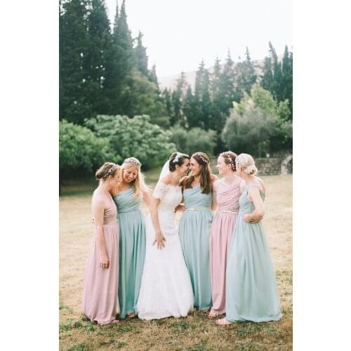 Free shipping sexy One Shoulder Bridesmaid Dresses 2015 new Sleeveless A-Line Floor Length Long Pleats Chiffon party gown