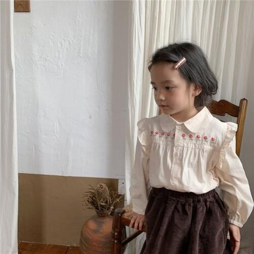 2021 Autumn Cotton Beige Long Sleeve Embroidery Flower Baby Kids Girls Ruffles Blouses Shirt Fall Clothes for Toddler Girls 2-7Y