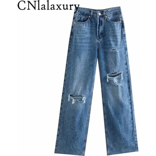 CNlalaxury Women 2021 Chic Fashion Ripped Hole Wide Leg Jeans Vintage High Waist Zipper Fly Female Denim Trousers Pants Mujer