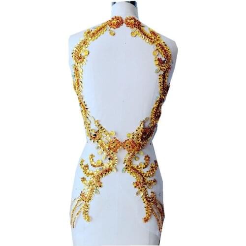 Latest Silver/Gold Crystal Rhinestone Applique On Mesh With Heavy Beaded For Wedding Dress Back Embellishment 65*16cm 1 Pair