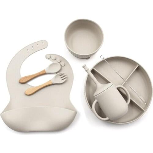 B2EB 6Pcs Baby Silicone Bib Divided Dinner Plate Sucker Bowl Spoon Fork Water Cup Set