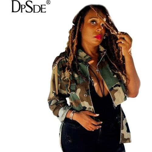 DPSDE Autumn Camouflage Tassel Women Short Top Full Sleeve Casual Show Thin Coat New 2020 Tuan Down Collar streetwear Outwear