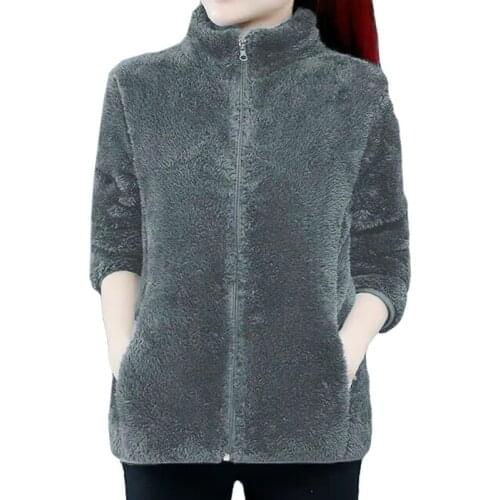 Double Sided Zipper Coat Coral Fleece Winter Thicken Soft Warm Jacket Women Sweatshirt Gray Kawaii Hoodie Femme Stand-up Collar