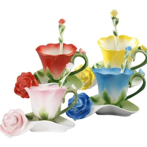 3D Rose Shape Flower Enamel Ceramic Coffee Tea Cup and Saucer Spoon High-grade Porcelain Cup Creative Valentine Gift NJ71004