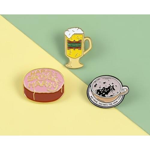 Food drink Pins Coffee Beer Cake Enamel Metal Pins Magic Film Brooches Badges Lapel Clothes Bag Pins Women Fans Jewelry Gifts