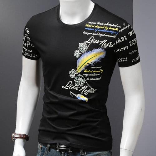 Mens Short Sleeve T-Shirt Casual Feather Print Tshirt Stretch Cotton O-Neck Summer Black Tops Tees Letter Graphic Clothing