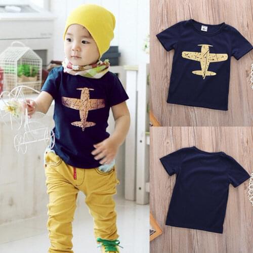 New Cotton Toddler Kids Baby Boy T-shirt Clothes Aircraft Printing Blue Airplane Plain Tees Tops Short Sleeve T-Shirt Clothing
