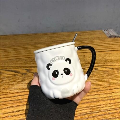 Cute super cute cartoon panda ceramic mug coffee cup with lid spoon office home tea cup creative gift for relatives and friends