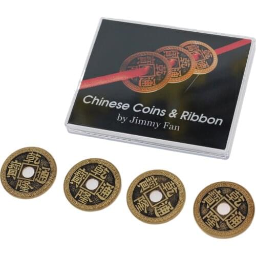 Chinese Coins and Ribbon Magic Tricks Gimmick Props Three Coins Penetrate On / Off Ribbon Magia Magiciain Close Up Illusions Fun