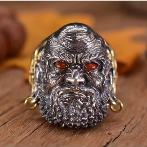 Real 925 Sterling Silver VINTAGE biker Retro mens The dharma patriarch Bodhidharma Jewelry Ring rings jewelry A5153