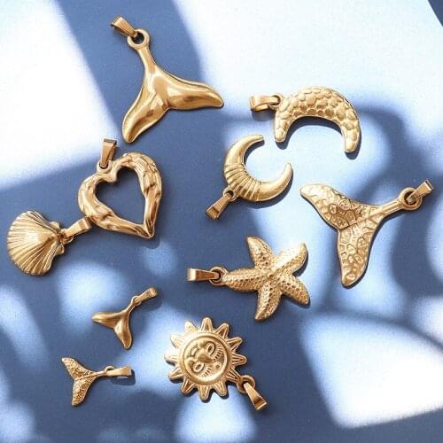 Gold Color Stainless Steel Moon Starfish Flower Heart Shell Mermaid Tail Pendant Without Chain DIY Necklace Accessories Women