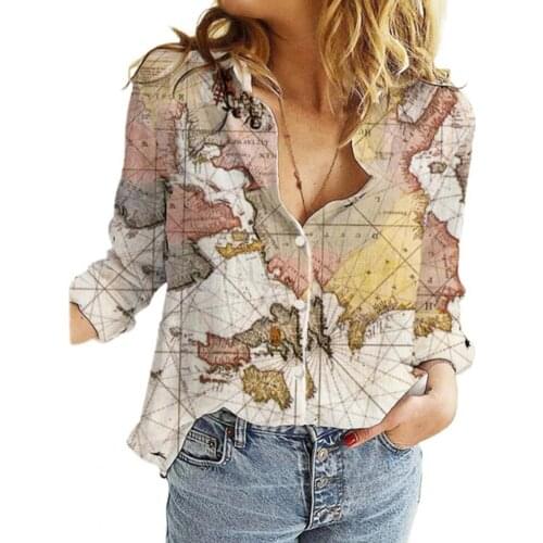 Summer Retro Geometric Pattern T-shirt V- Neck Casual Simple Womens Tops Map Printing Short-sleeved Pullover T-shirt