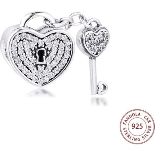 Genuine 925 Sterling Silver Clear CZ Lock of Love Key Heart Charms Beads for Jewelry Making Fits Original Bracelets bijoux femme