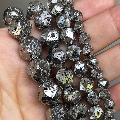 Natural Faceted Volcanic Lava Stone Beads Rhodium Plated Loose Spacer Beads for Jewelry Making DIY Bracelet 15'' 6 8 10 12mm