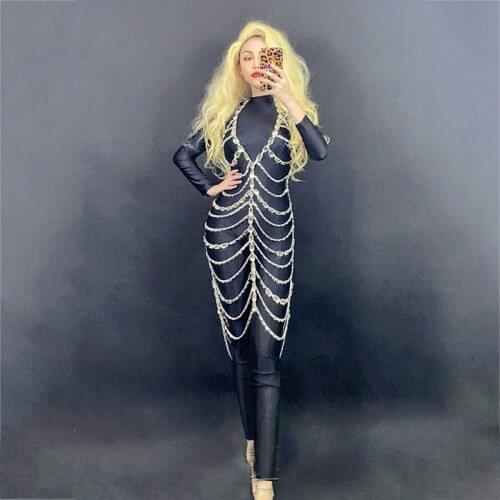 Black Transparent Stretch Jumpsuit Hollow Rhinestone Fringed Short Dress Evening Dress Stage Costume Festival Clothing XS2722