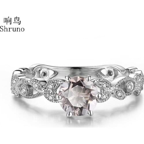 Shruno Round Cut 6mm Morganite Ring Solid 10K White Gold Natural Diamonds Ring Women Vintage Wedding Gemstone Fine Jewelry