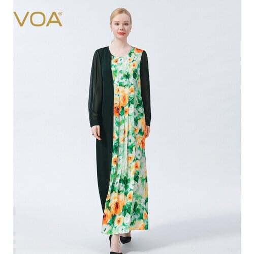 VOA Silk Jacquard Floral Dress Double-sided Joe Sunshine Tea Green Printed Pleated Round Neck Shirt Sleeve Party Dresses AE987