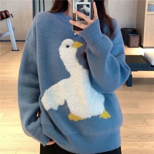 Japanese Sweet Cartoon Goose Printed Knitted Sweater Plus Size Women Autumn Winter Korean Casual O Neck Oversize Pullover Female