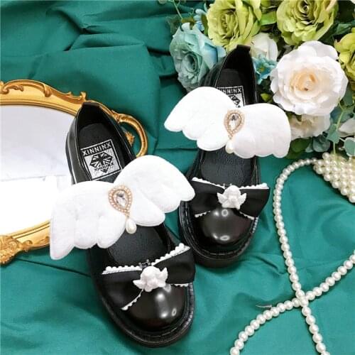 Womens Round Toe Angel Japanese Harajuku Dark Black Low Heel Gothic Lolita Punk Shoes Creepers DIY Cosplay Belt Buckle New 2021