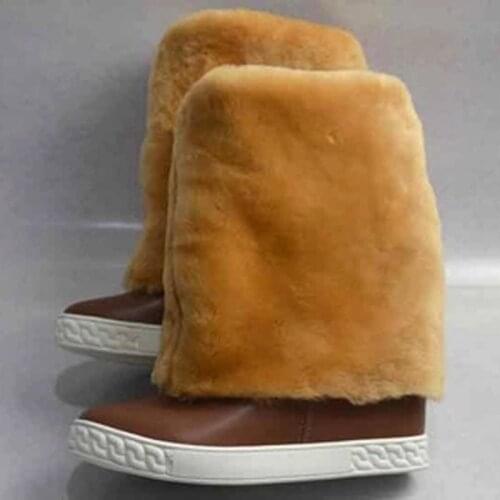New Winter Women Wool Fur Covered Sheep Leather Med Calf Snow Boots Height Increasing Round toe Slip on Fur Botas
