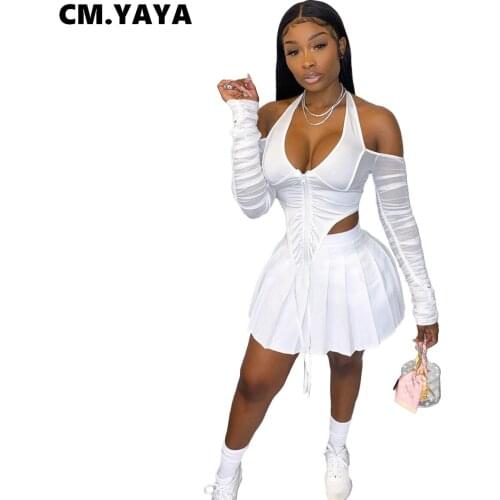 CM.YAYA Women Skirts Set Solid Halter Slim Crop Tops + Mini Pleated Skirt Two 2 Piece Sets Cleavage Cut Out Sexy Outfits Autumn