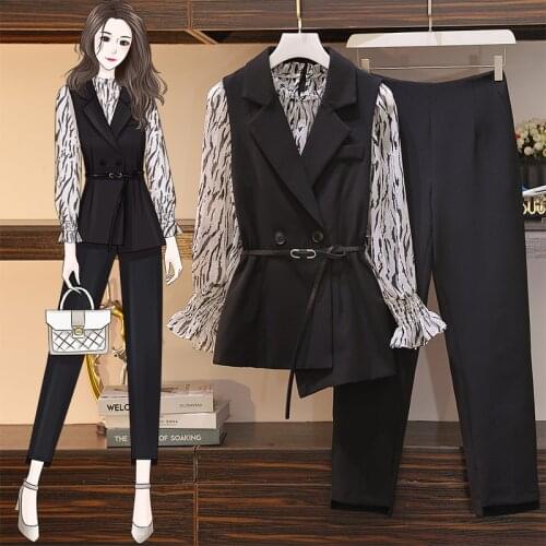 Womens Three-Piece Suits Suit Autumn Professional Vest + Pure Shirt + Loose Pants Female Sets M-4XL