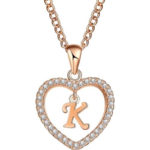 Romantic Gold Color 26 Capital Letters Cubic Zirconia Love Heart Crystal Pendant Letter Name Necklace Charm Women Choker Jewelry