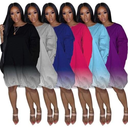 Women Autumn Gradient Loose Dress Casual Loose Round Neck Long Sleeve Knee Length Plus Size 5XL Ladies Dresses Workout Clothes