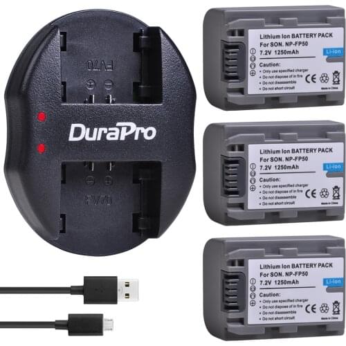 3pc 1250mAH NP FP50 NP-FP50 Battery + USB Charger for Sony NP-FP30 NP-FP50 NP-FP60 NP-FP70 NP-FP90 DCR-SX40 SX40r SX41 HDR-CX105