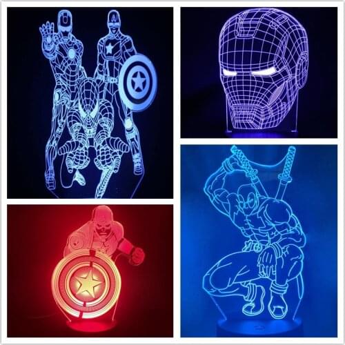 Marvel 3D Lamp The Avengers LED Night Light Movie Lampara Iron Man Deadpool Spiderman Thor Thanos Bedroom Decor Illusion Light