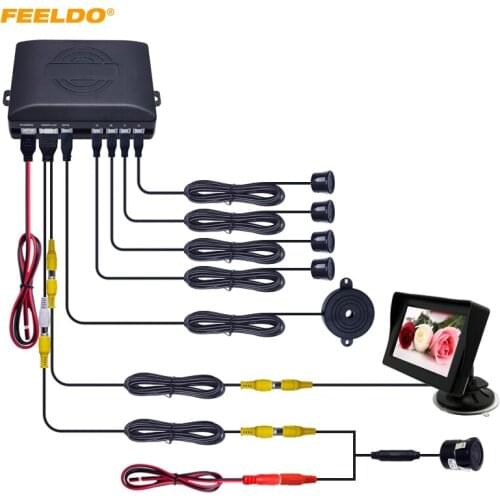 FEELDO Car 4.3" Windshield Monitor 4-sensor Parking Sensor 18.5mm CCD Camera Reversing Rearview Radar System