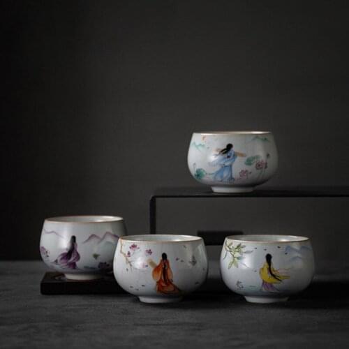 2pcs/set Retro Kungfu Tea Cup Chinese Style Single Cup Tea Bowl Ancient Beauty Pattern Drinking Tool Kitchen Living Room Supply