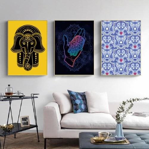 Black and White Color Hand of Fatima Elephant India Hand-painted Art Canvas Painting Poster Buddhist Prints Printing Home Decora