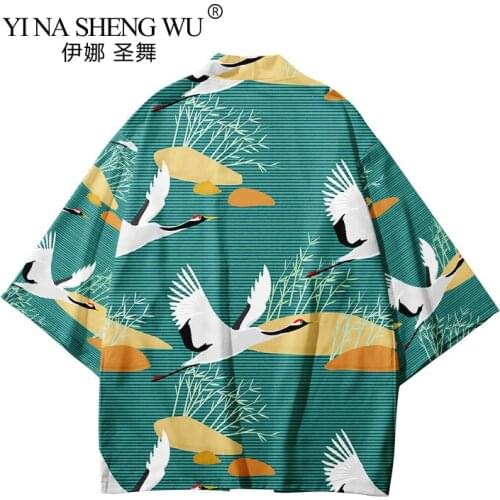 Men Janpanese Crane Print Coat Yukata Kimono Cardigan Loose Harajuku Japan Haori Summer Cosplay Asian Costumes Traditional Coat