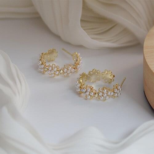 Korean Jewelery 14k Real Gold Plated Hoop Earring C-shaped Petal Pearl Exquisite Stud Earrings for Women Holiday Party Elegant
