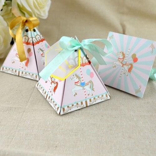 50pcs Laser Cut Carousel Favor Box and Bags Sweet Gift Candy Boxes for Baby Shower with Ribbon Wedding Birthday Party Decoration