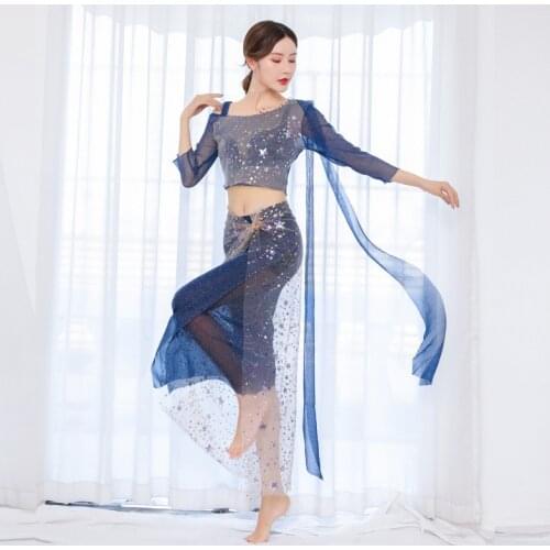 Belly Dance Costume For Women Oriental Bellydance Practice Wear Adult Sexy Sequin Top And Hip Scarf Transparent Mesh Dancewear