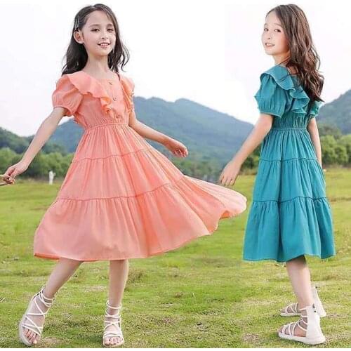 Summer Dress For Girl Children Chiffon Sweet Ruffles Solid Patchwork Princess Dress Kids Summer Clothing Girls Clothes To 170cm