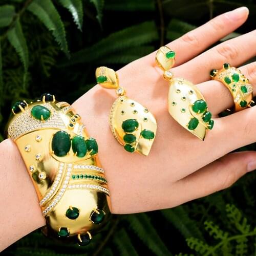 Missvikki Red Green Blue Dubai Luxury Wide Bangle Earrings Ring Jewelry Set for Women Bridal Wedding Party Show High Quality