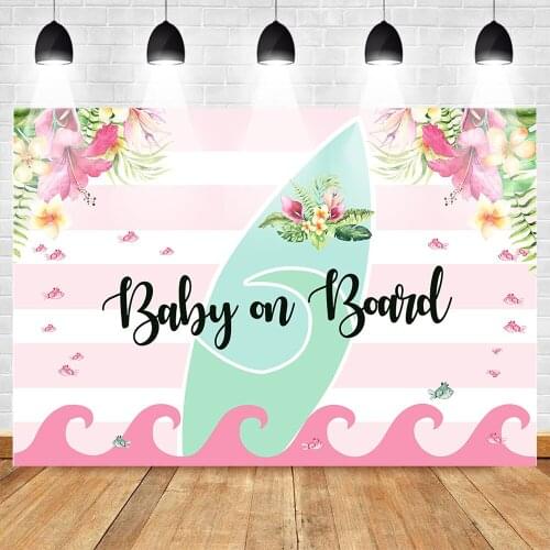 Mehofoto Baby on Board Themed Party Photo Background Newborn Baby Shower Pink Flowers Fish Backdrop Decor Stripes Surf Wave